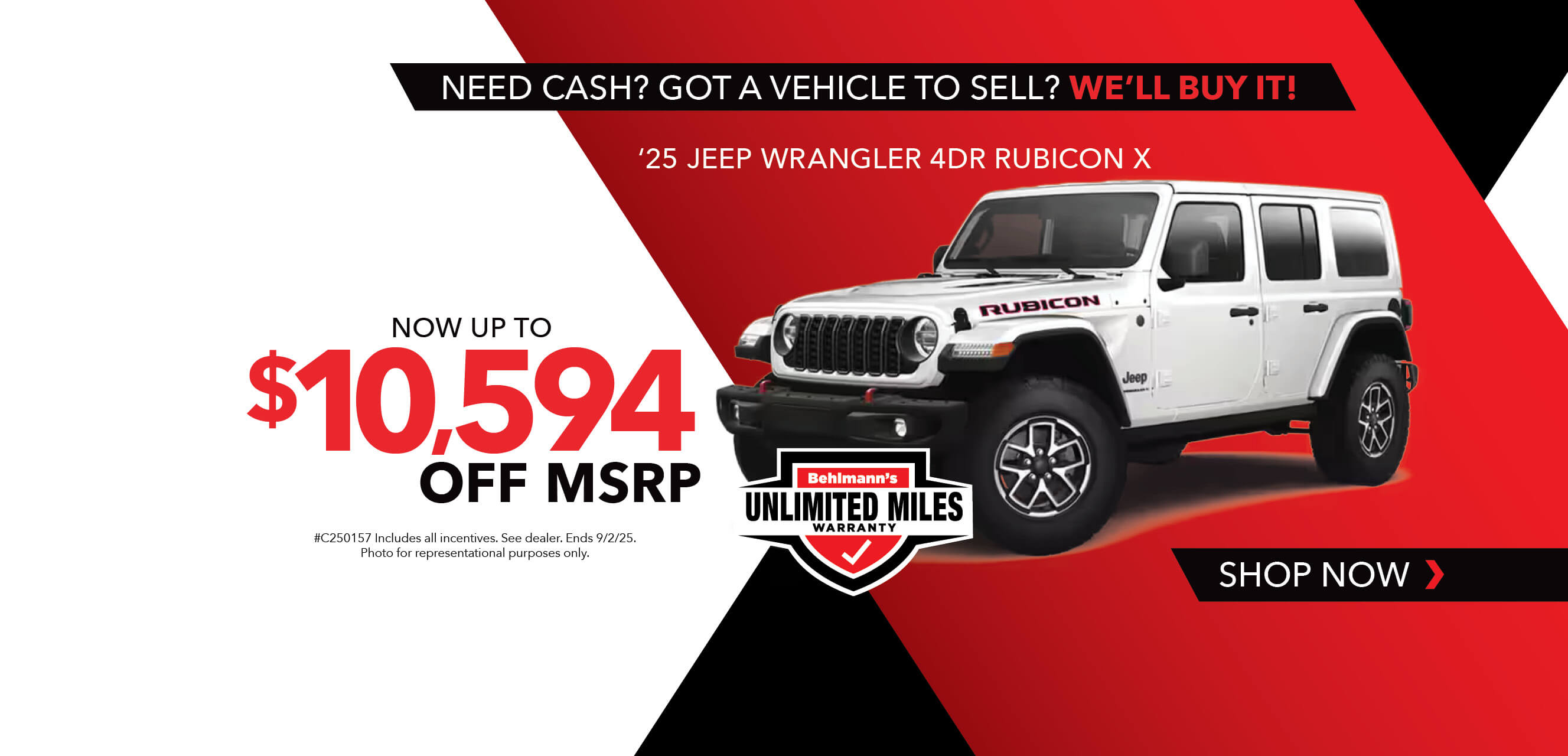 White SUV with advertising slogans:  Now up to $10,594 off MSRP on 2025 Jeep Wrangler 4 DR Rubicon X.
